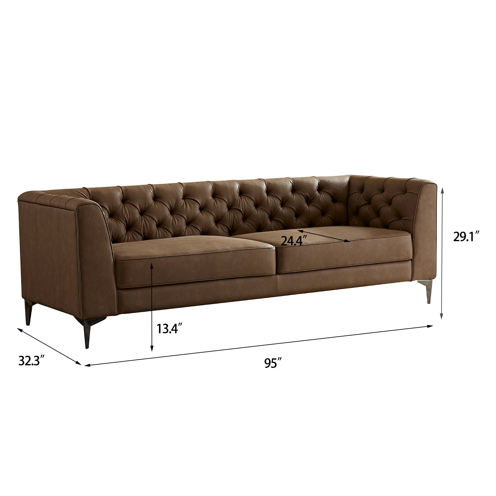 Wks5B Brown Leather Sofa With Iron Feet, Retro Design Brown Leather 3 Seat