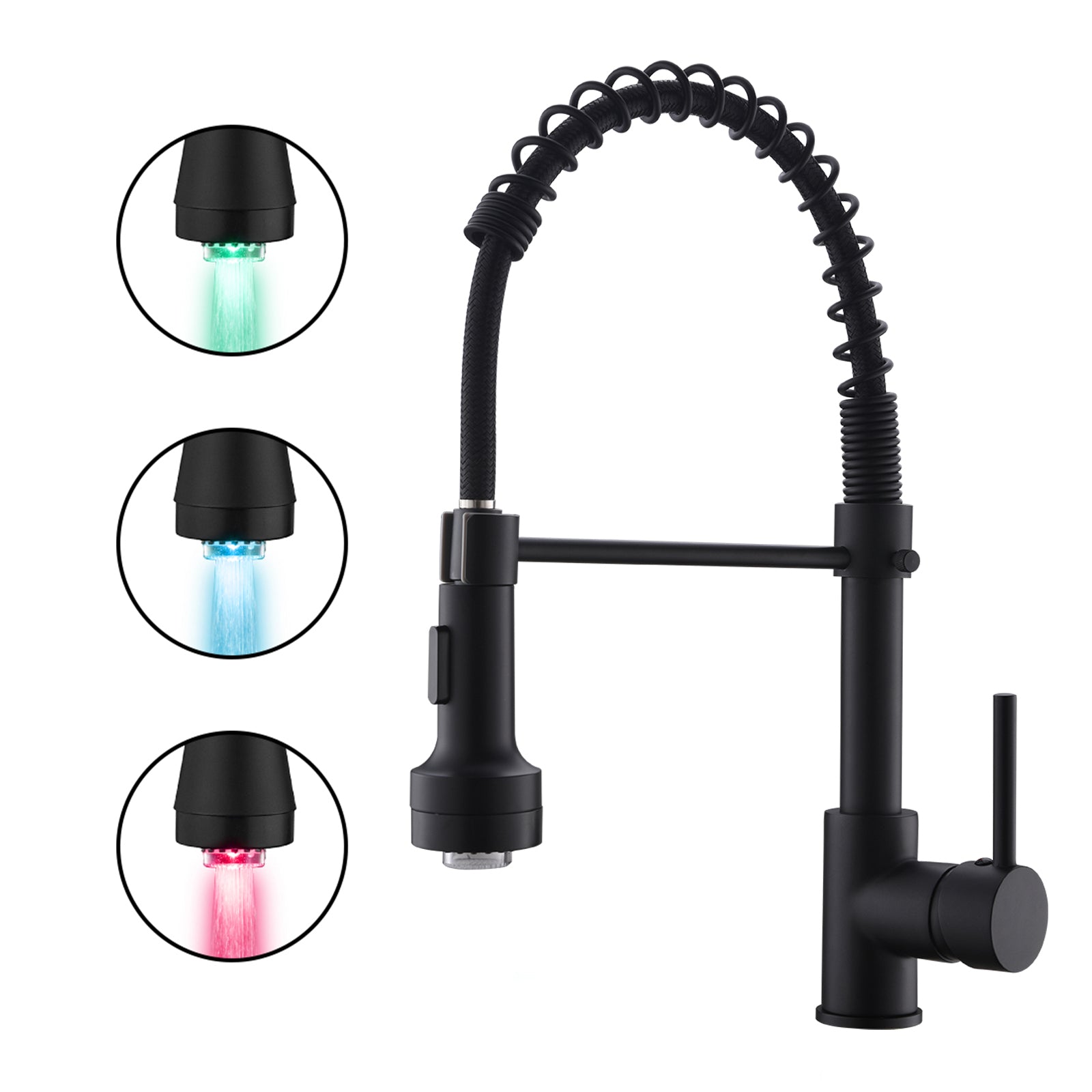 Led Commercial Kitchen Faucet With Pull Down Sprayer, Single Handle Single Lever Kitchen Sink Faucet Black Kitchen Contemporary Ceramic Brass