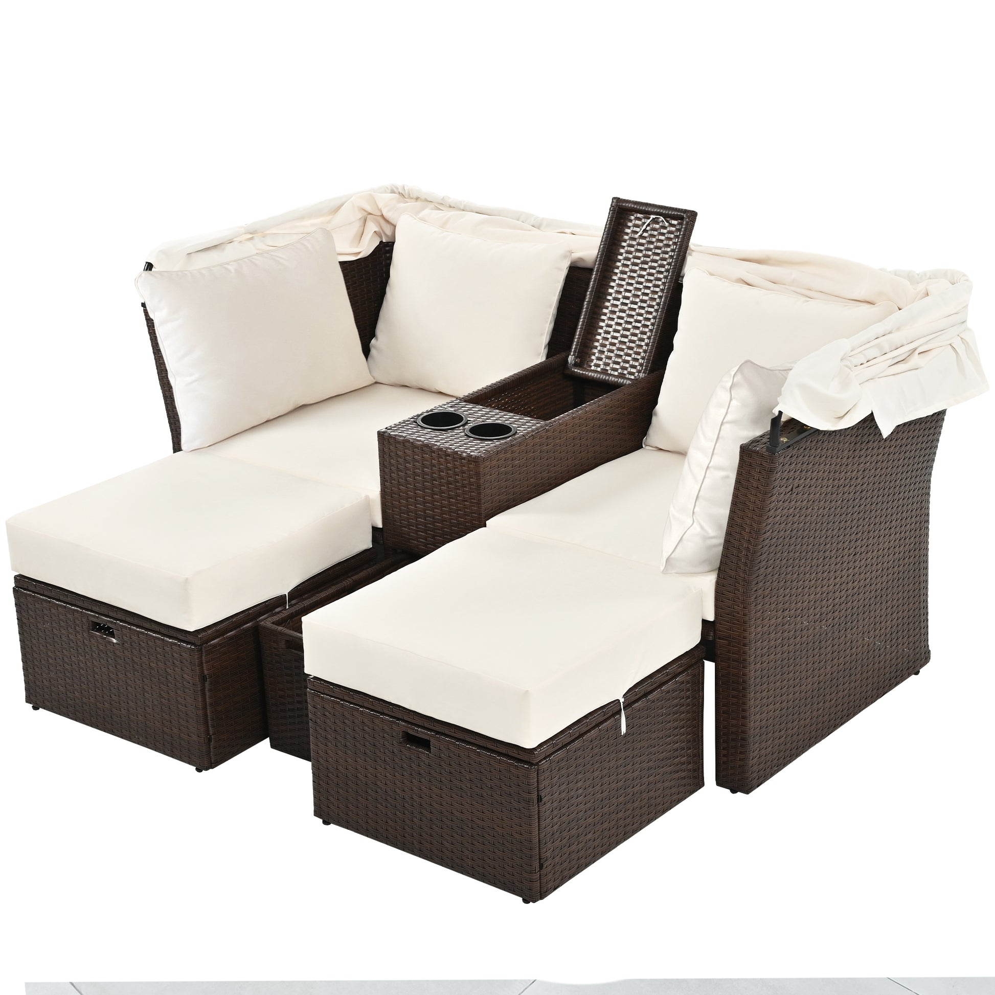 2 Seater Outdoor Patio Daybed Outdoor Double Daybed Outdoor Loveseat Sofa Set With Foldable Awning And Cushions For Garden, Balcony, Poolside, Beige Yes Beige Water Resistant Frame Water Resistant Cushion Garden & Outdoor Sectional Seating Groups Foam