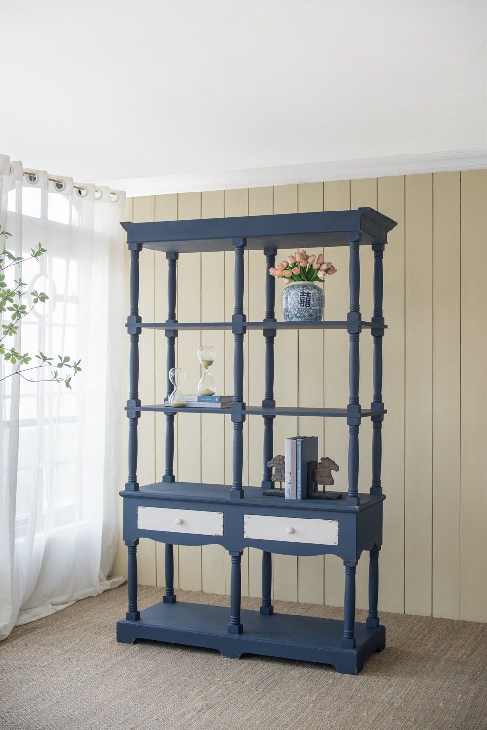 51X19.5X81.5", Blue Four Tiered Wooden Shelf With Two Drawers, Farmhouse Wood Bookcase Display Storage Shelf Etageres Antique Navy Blue Antique,Boho,Farmhouse,French Country Wood