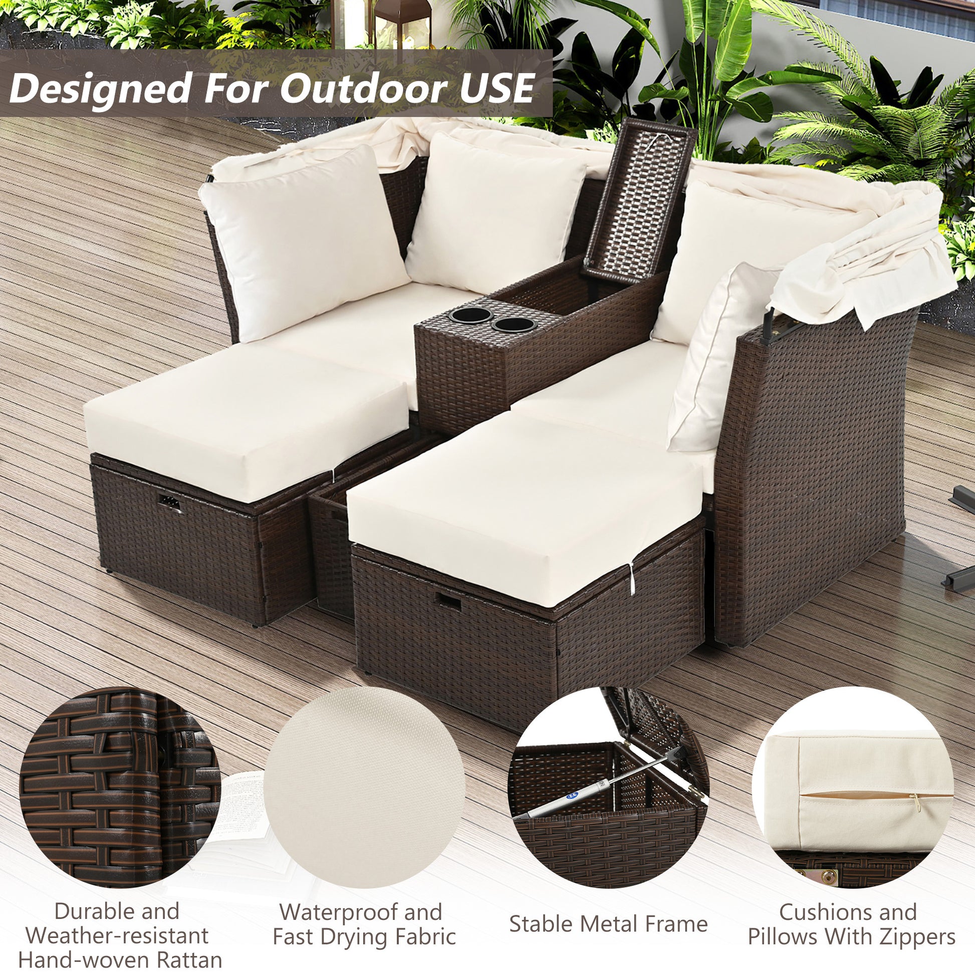 2 Seater Outdoor Patio Daybed Outdoor Double Daybed Outdoor Loveseat Sofa Set With Foldable Awning And Cushions For Garden, Balcony, Poolside, Beige Yes Beige Water Resistant Frame Water Resistant Cushion Garden & Outdoor Sectional Seating Groups Foam