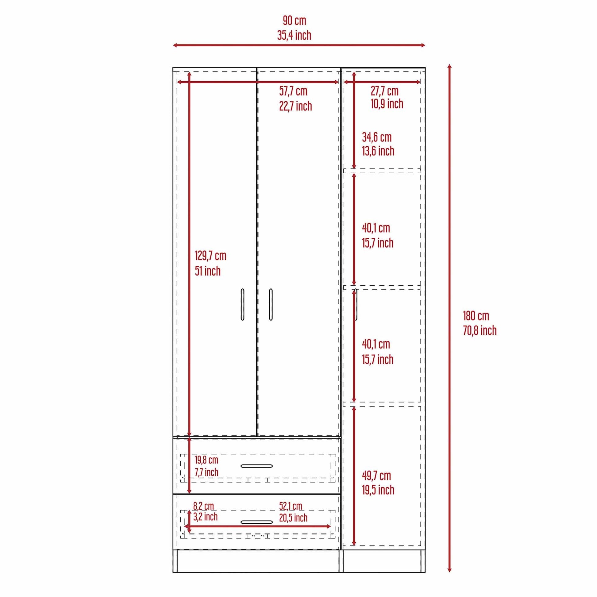 Austral 3 Door Armoire With Drawers, Shelves, And Hanging Rod White White White Bedroom Modern Particle Board Particle Board