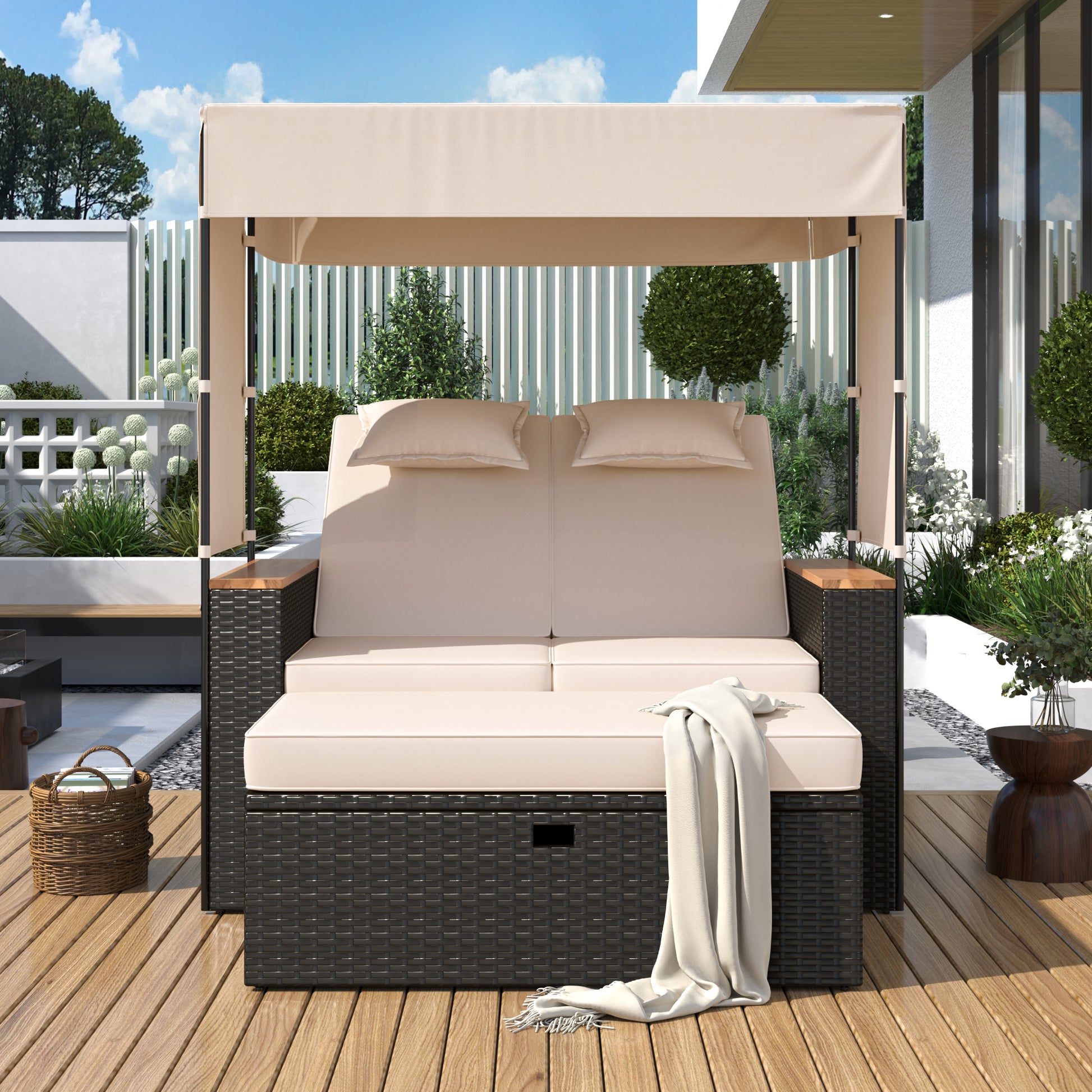 2 Piece Rattan Outdoor Patio Bench Lounge Roof Set, Effective Uv Protection Fabric & Waterproof Cushions And Adjustable Backrest For Garden, Backyard And Porch Brown Wicker Beige Fabric Lounge Beige Garden & Outdoor 2 Person Seating Group Rattan