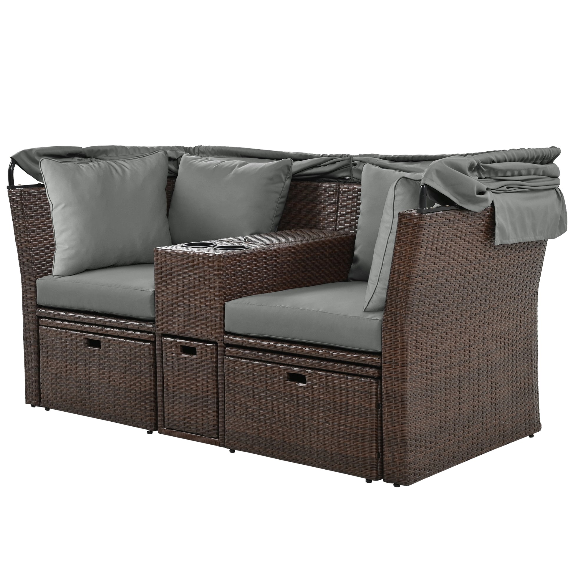 2 Seater Outdoor Patio Daybed Outdoor Double Daybed Outdoor Loveseat Sofa Set With Foldable Awning And Cushions For Garden, Balcony, Poolside, Grey Yes Grey Water Resistant Frame Water Resistant Cushion Garden & Outdoor Sectional Seating Groups Foam