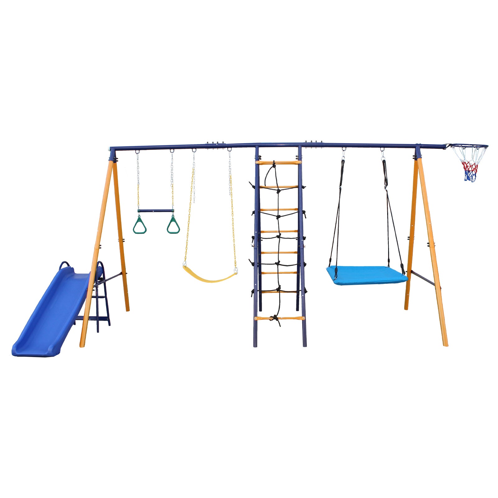 500 Lbs 7 In 1 Swing Set For Kids Backyard Outdoor A Frame Heavy Duty Metal Swing Sets With Slide, 2 Swing Seats, 1 Climbing Net & Ladder, 1 Gym Ring, 1 Basket Multicolor Steel