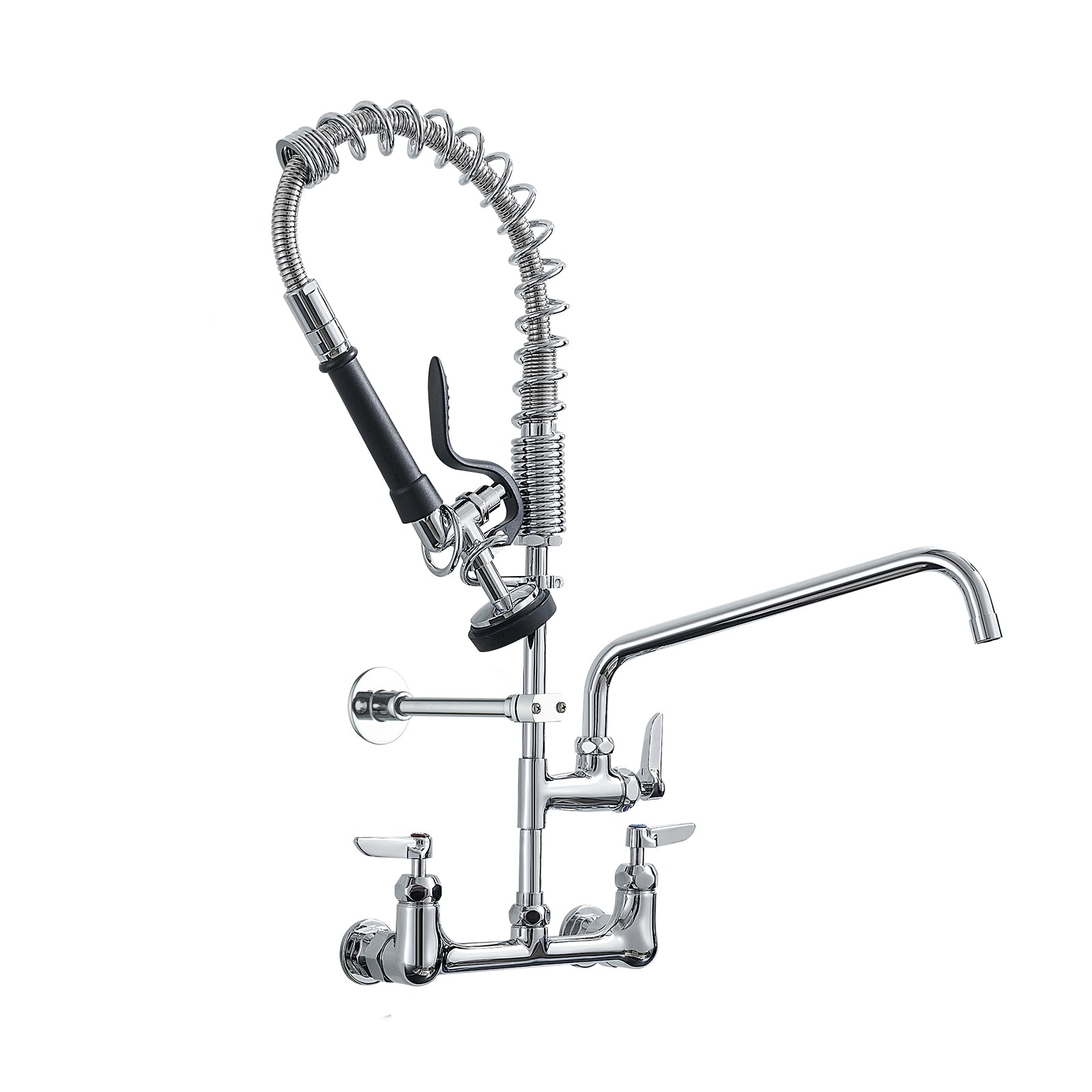 Commercial Kitchen Faucet Deck Mount With Pre Rinse Sprayer 21" Height Kitchen Sink Faucet 8 Inch Center With 10" Add On Swing Spout Faucet & Coiled Spring Pull Down Spray Chrome Kitchen Contemporary Ceramic Brass