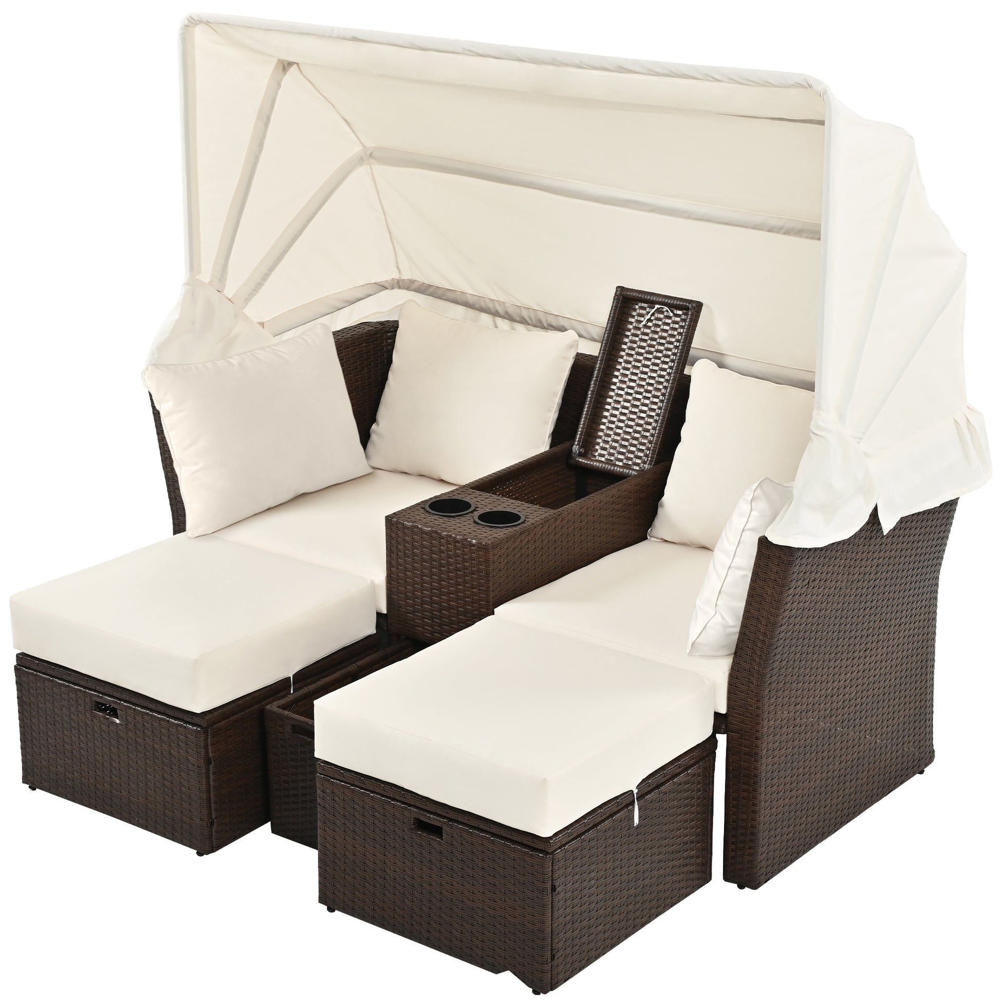 2 Seater Outdoor Patio Daybed Outdoor Double Daybed Outdoor Loveseat Sofa Set With Foldable Awning And Cushions For Garden, Balcony, Poolside, Beige Yes Beige Water Resistant Frame Water Resistant Cushion Garden & Outdoor Sectional Seating Groups Foam