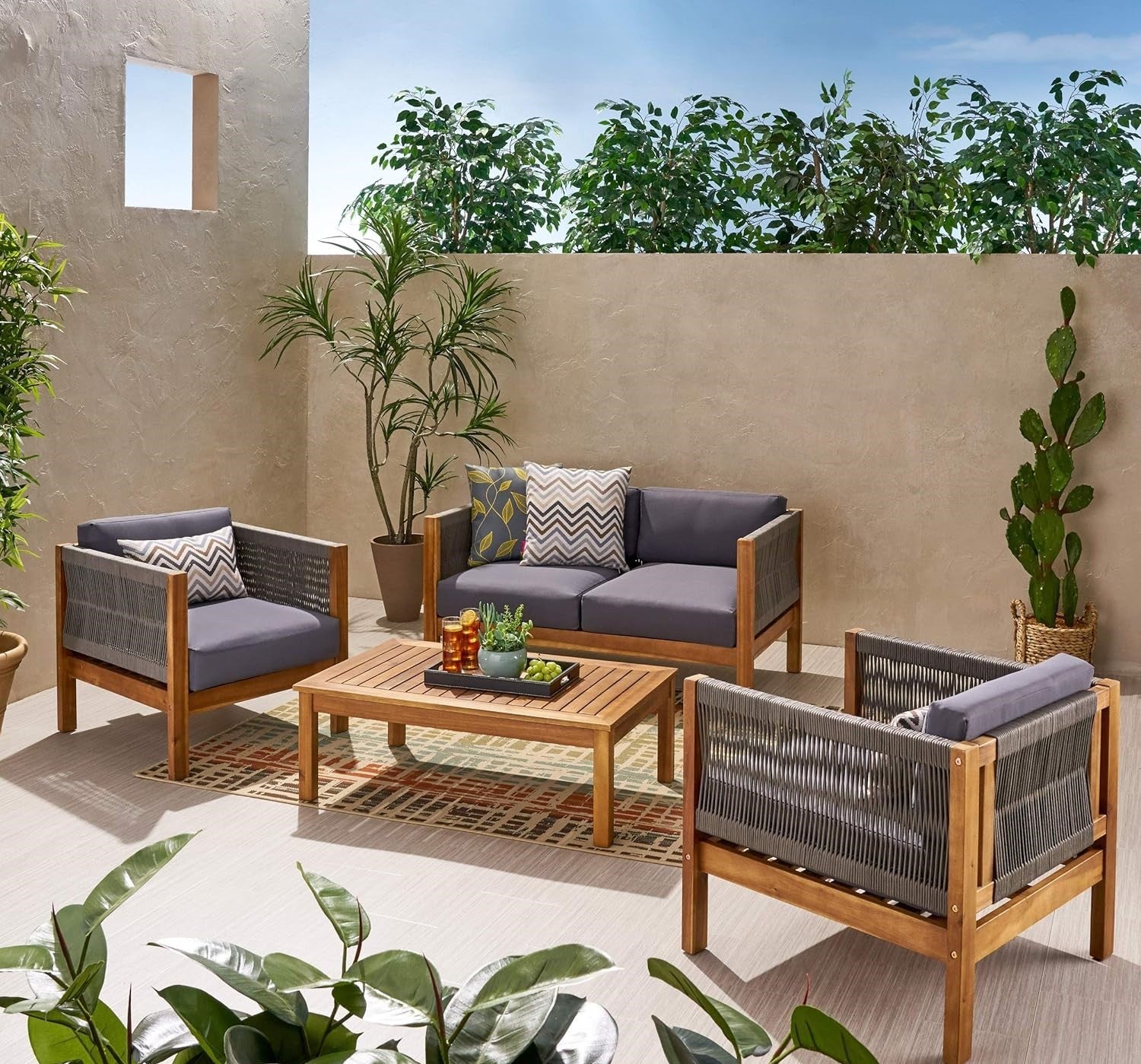 Laurel Outdoor 4 Seater Chat Set Seat & Coffee Table & Club Chair Teak Acacia Wood