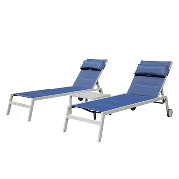 Outdoor Patio Chaise Lounge Set Of 3, Aluminum Pool Lounge Chairs With Side Table And Wheels, Textilene Padded Adjustable Recliner All Weather For Poolside, Beach, Yard, Balcony Navy Blue Navy Blue Aluminum