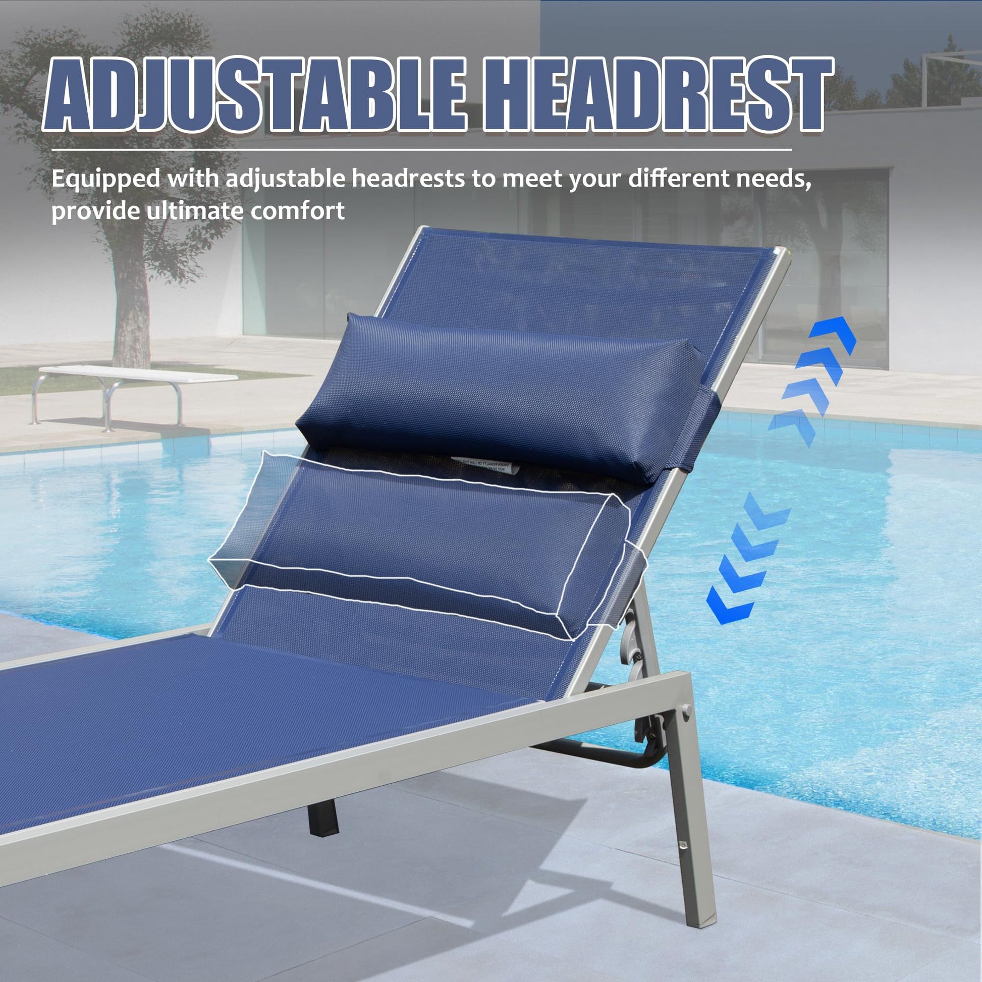 Patio Chaise Lounge Set Of 3, Aluminum Pool Lounge Chairs With Side Table, Outdoor Adjustable Recliner All Weather For Poolside, Beach, Yard, Balcony Navy Blue Navy Blue Aluminum