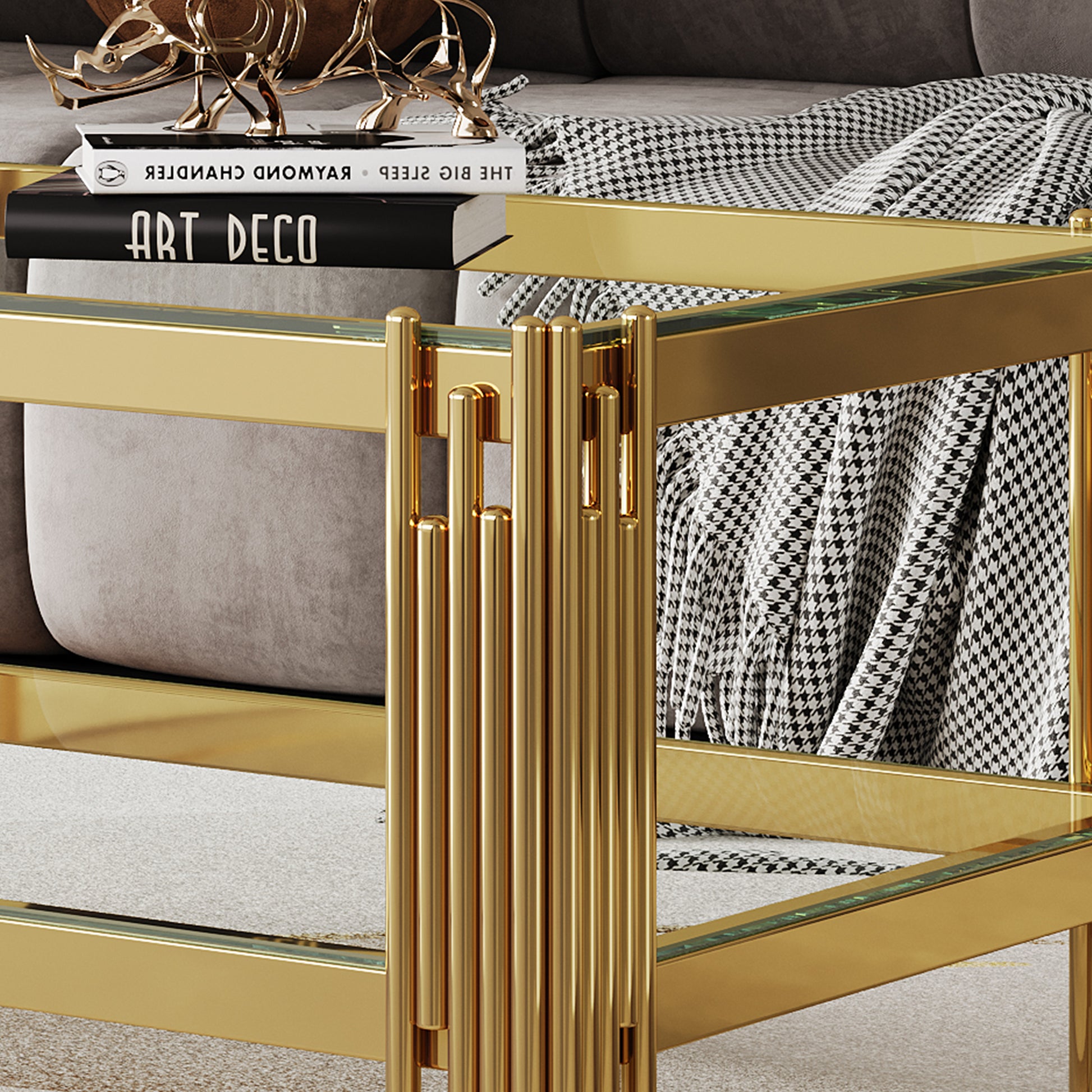Top And Bottom Double Layer Tempered Glass Coffee Table And Mirror Finished Stainless Steel Frame Gold Tempered Glass