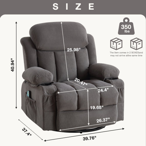 Swinging Recliner Massage Heated Sofa, With Usb And 2 Cup Holders In Side Pockets, Packagea B Grey Grey Velvet Manual Handle Metal Soft Heavy Duty Metal & Wood