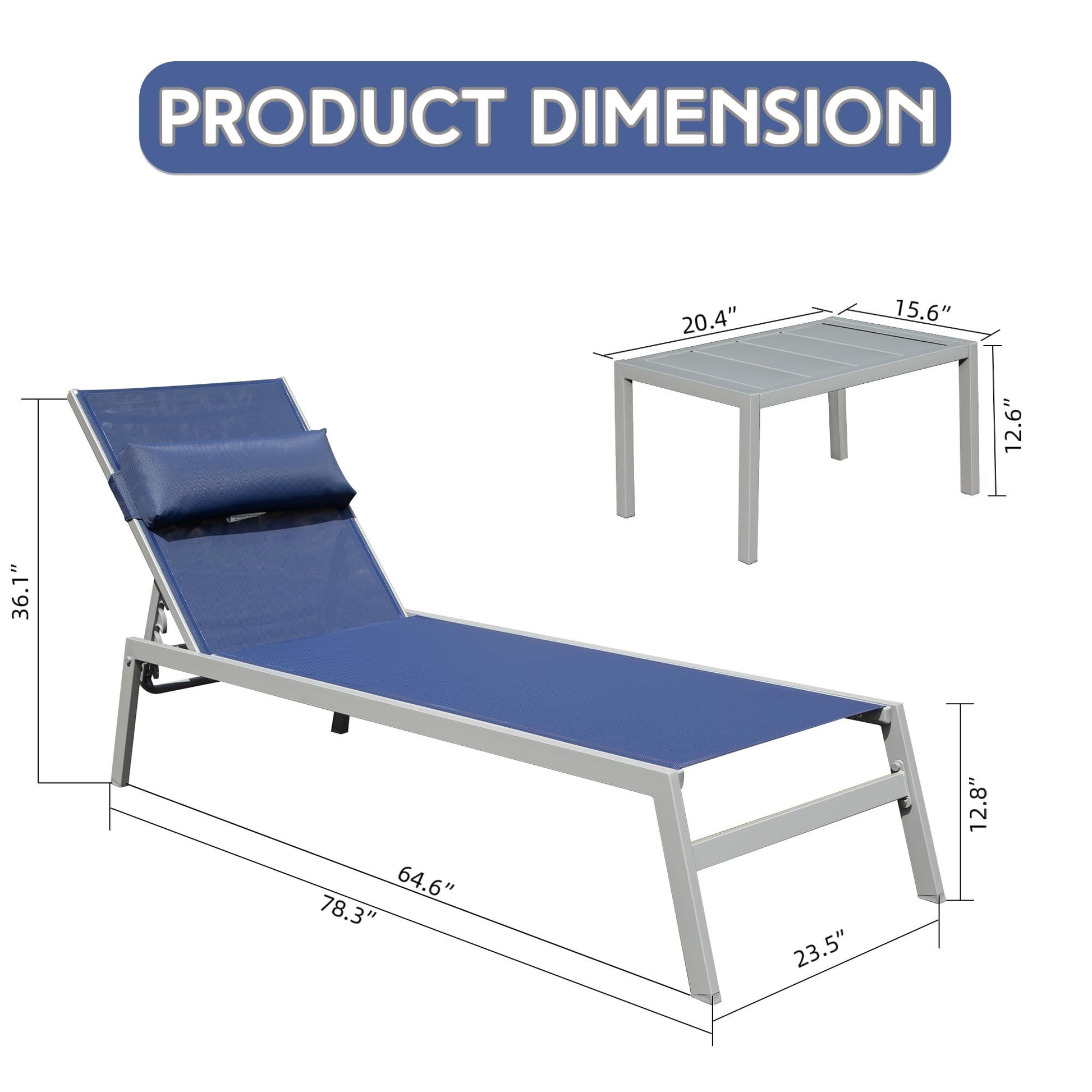 Patio Chaise Lounge Set Of 3, Aluminum Pool Lounge Chairs With Side Table, Outdoor Adjustable Recliner All Weather For Poolside, Beach, Yard, Balcony Navy Blue Navy Blue Aluminum