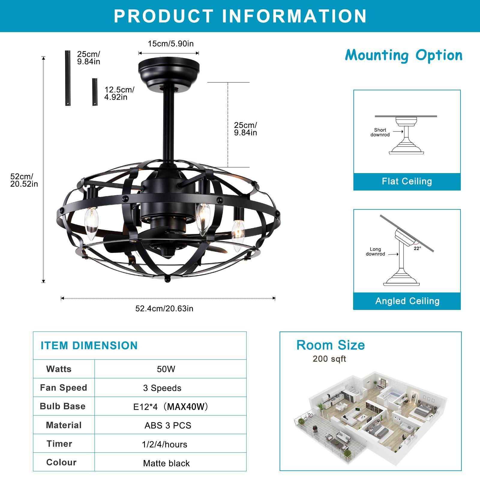 Hot Sell Industrial Ceiling Fan Light Kit For Living Room Bedroom Kitchen And Bladeless Caged Ceiling Fan With Lights Matte Black Abs Metal