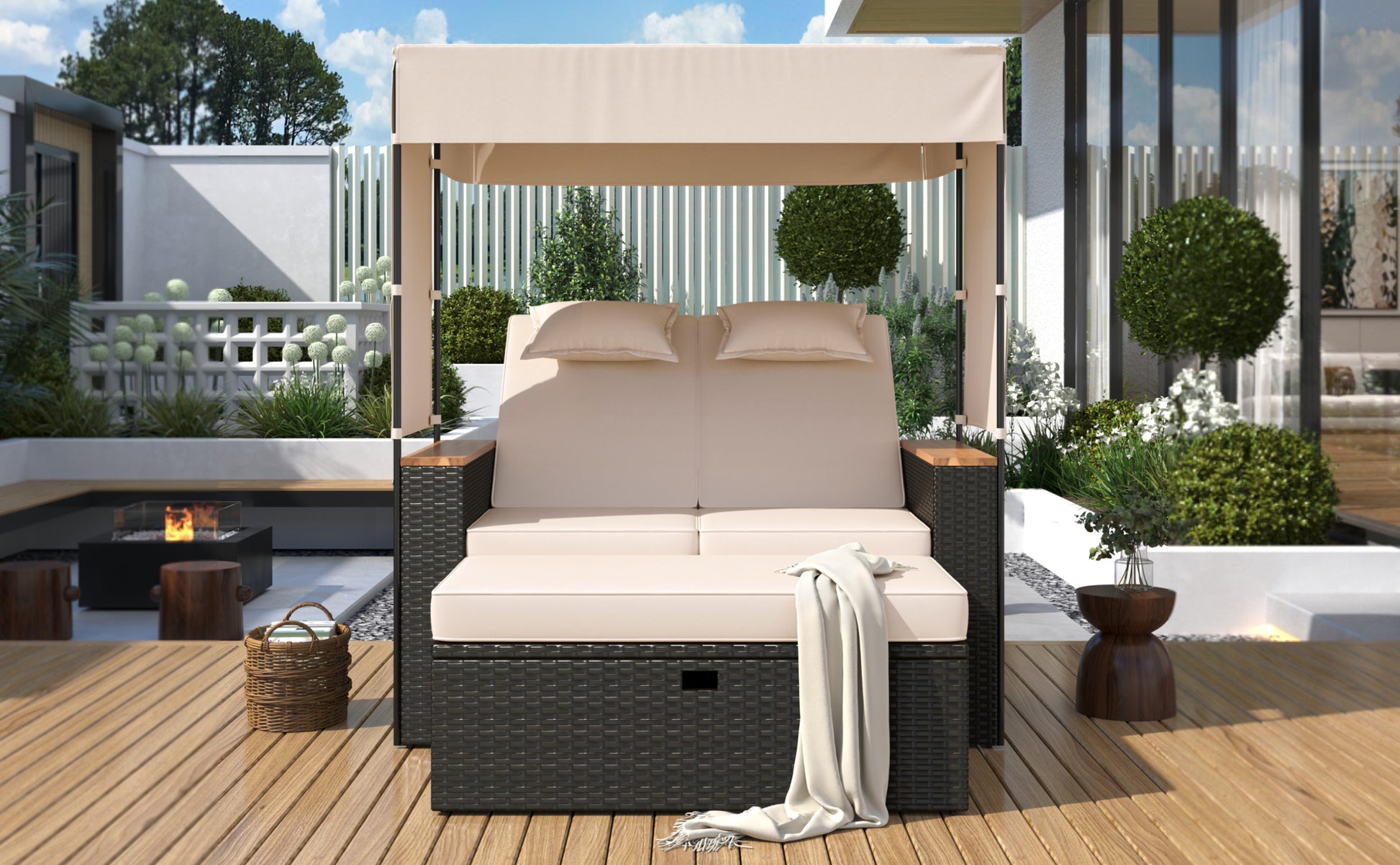 2 Piece Rattan Outdoor Patio Bench Lounge Roof Set, Effective Uv Protection Fabric & Waterproof Cushions And Adjustable Backrest For Garden, Backyard And Porch Brown Wicker Beige Fabric Lounge Beige Garden & Outdoor 2 Person Seating Group Rattan