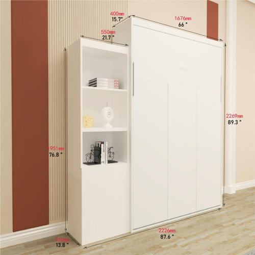 Queen Size Morden Deisgn Big Size Vertical Murphy Bed With Table And Shelf For Bedroom Or Guestroom White Wall Bed Space Saving Hidden Bed With Style Gas Struts Box Spring Not Required Queen White Metal Bedroom Murphy Plywood