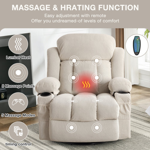 Swinging Recliner Massage Heated Sofa, With Usb And 2 Cup Holders In Side Pockets, Packagea B Beige Beige Velvet Manual Handle Soft Heavy Duty Metal & Wood