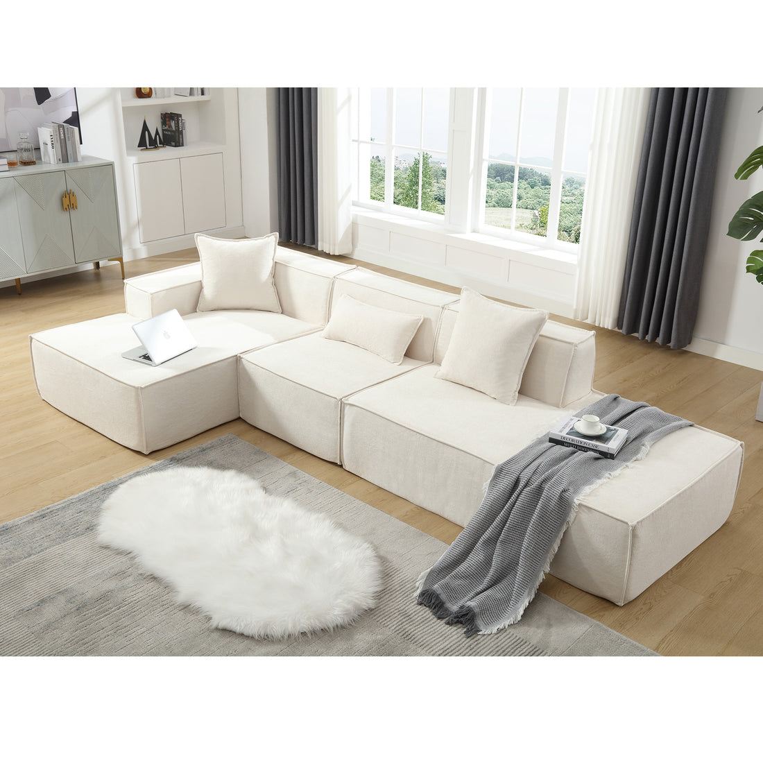 Modular Combination Living Room Sofa Set, Modern Minimalist Sofa, Free Installation Sofa, L Shaped, Italian Minimalist Tofu Block Sofa, Left Hand Facing,Terrycloth Fabricbeige Beige Polyester Primary Living Space Soft Modern Polyester 3 Seat