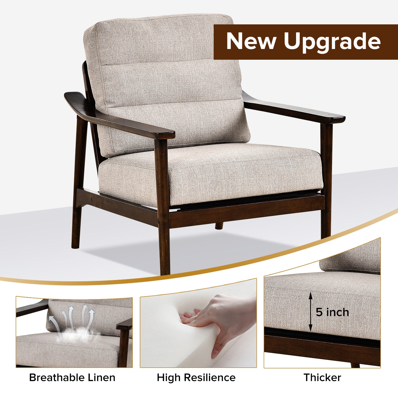 Home Accent Chair Mid Century Modern Chair Upholstered Lounge Arm Chair With Solid Wood Frame & Soft Cushion For Living Room, Bedroom, Belcony, Taupe Taupe Linen