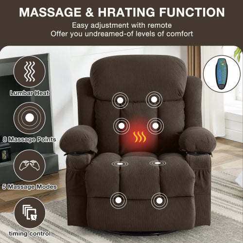 Swinging Recliner Massage Heated Sofa, With Usb And 2 Cup Holders In Side Pockets, Packagea B Brown Brown Manual Handle Wood Soft Heavy Duty Metal & Wood