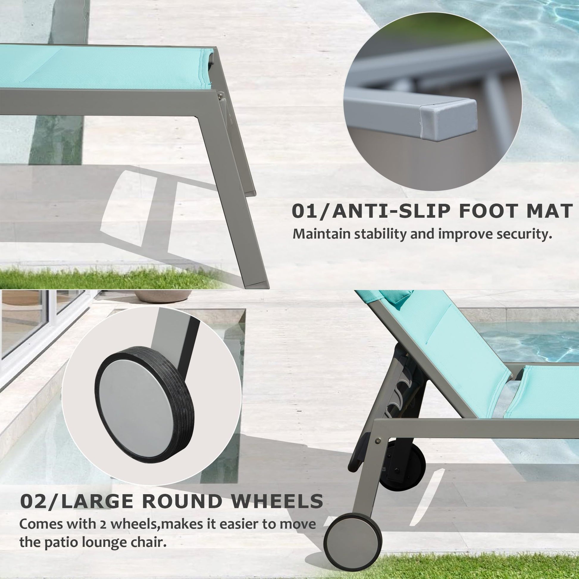 Outdoor Patio Chaise Lounge Set Of 3, Aluminum Pool Lounge Chairs With And Wheels, Textilene Padded Adjustable Recliner All Weather For Poolside, Beach, Yard, Balcony Lake Blue Lake Blue Aluminum