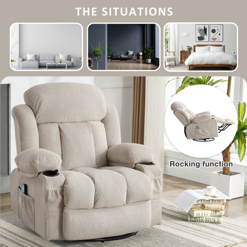 Swinging Recliner Massage Heated Sofa, With Usb And 2 Cup Holders In Side Pockets, Packagea B Beige Beige Velvet Manual Handle Soft Heavy Duty Metal & Wood