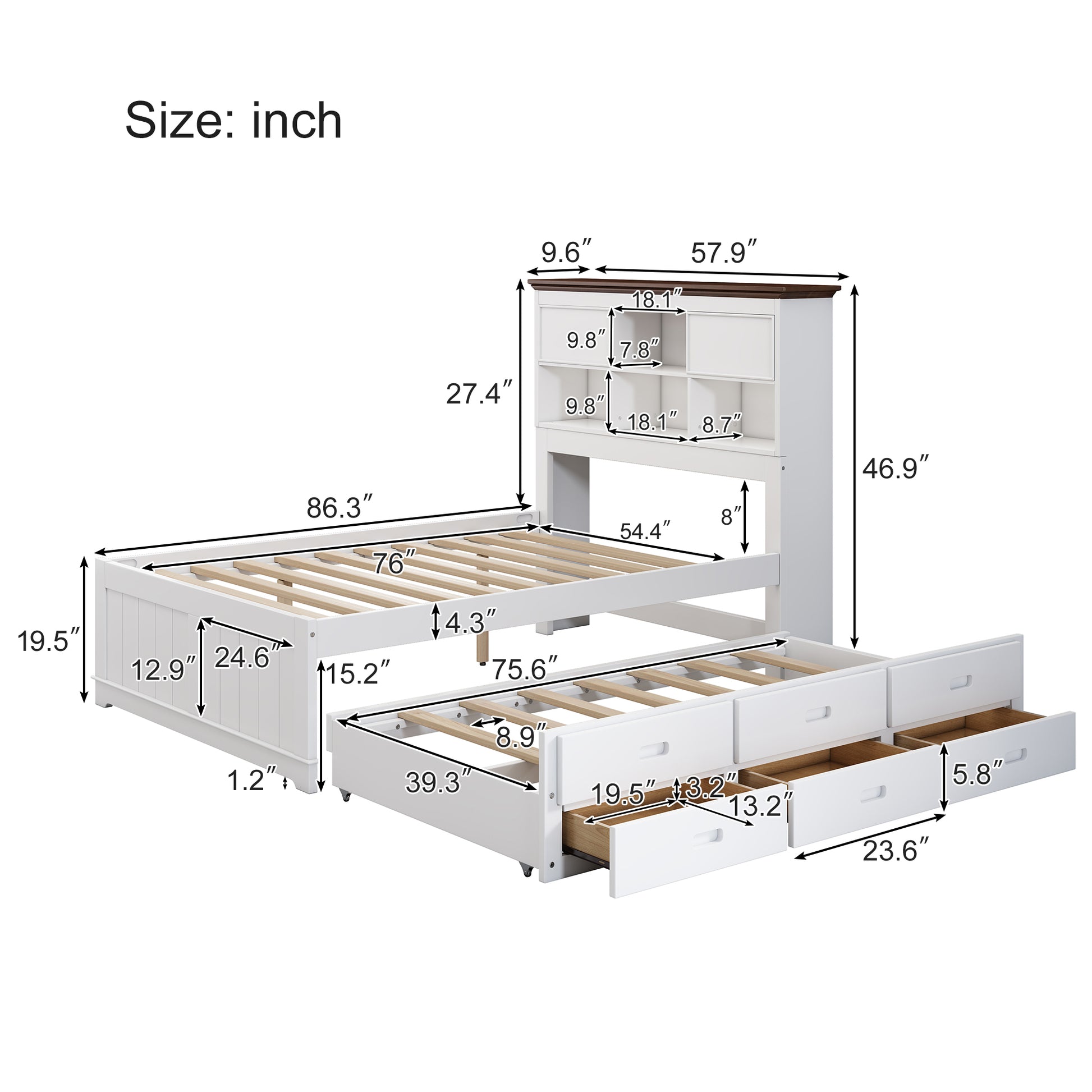 Solid Pine Captain Bookcase Bed With Trundle Bed And 3 Spacious Under Bed Drawers In Casual,Full, White Walnut White Walnut Wood