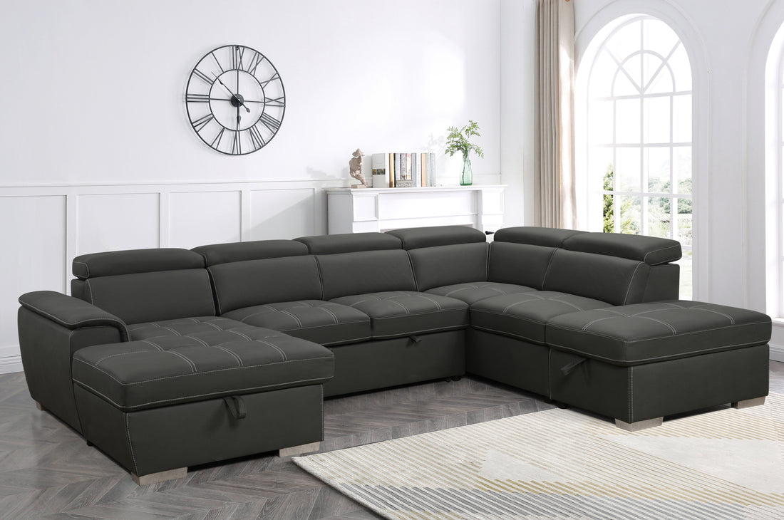 128"Sofa U Shaped Sectional Couch With Ottomans Reversible Modular Sofa 7 Seater Couch With Storage Seat,Living Room Furniture Sofa Sets With Adjustable Headrest, Grey Light Brown Wood Primary Living Space Heavy Duty Eucalyptus 7 Seat Grey Microfiber