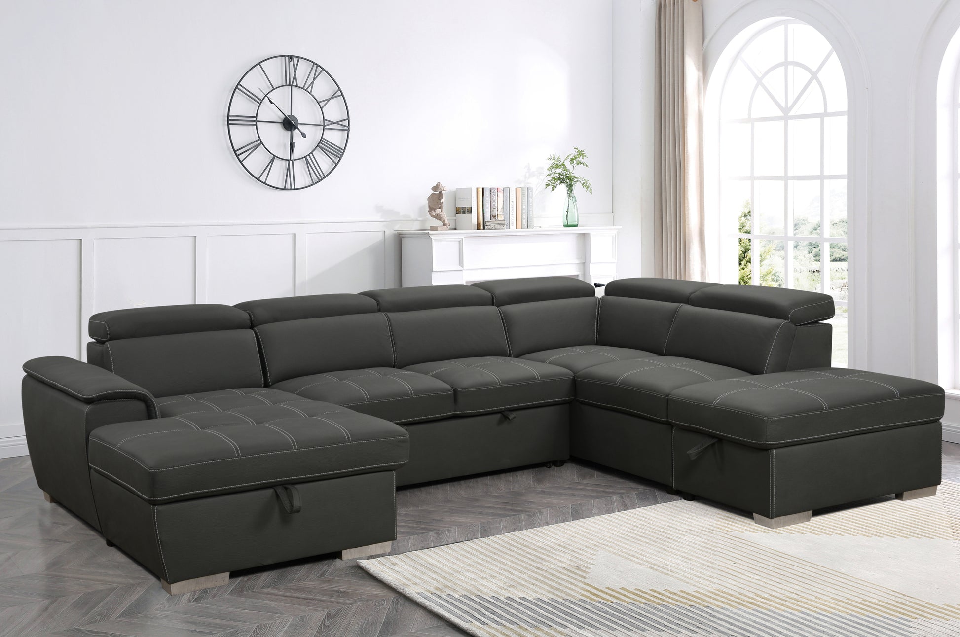 128"Sofa U Shaped Sectional Couch With Ottomans Reversible Modular Sofa 7 Seater Couch With Storage Seat,Living Room Furniture Sofa Sets With Adjustable Headrest, Grey Light Brown Wood Primary Living Space Heavy Duty Eucalyptus 7 Seat Grey Microfiber
