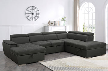 128"Sofa U Shaped Sectional Couch With Ottomans Reversible Modular Sofa 7 Seater Couch With Storage Seat,Living Room Furniture Sofa Sets With Adjustable Headrest, Grey Light Brown Wood Primary Living Space Heavy Duty Eucalyptus 7 Seat Grey Microfiber
