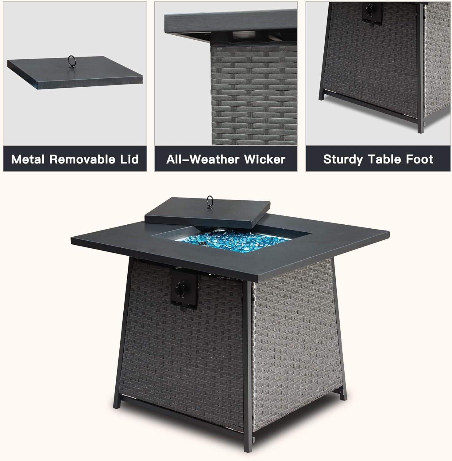 28 Inch Propane Fire Pits Table With Blue Glass Ball,50,000 Btu Outdoor Wicker Fire Table With Etl Certified,2 In 1 Square Steel Gas Firepits Dark Gray Dark Gray Metal