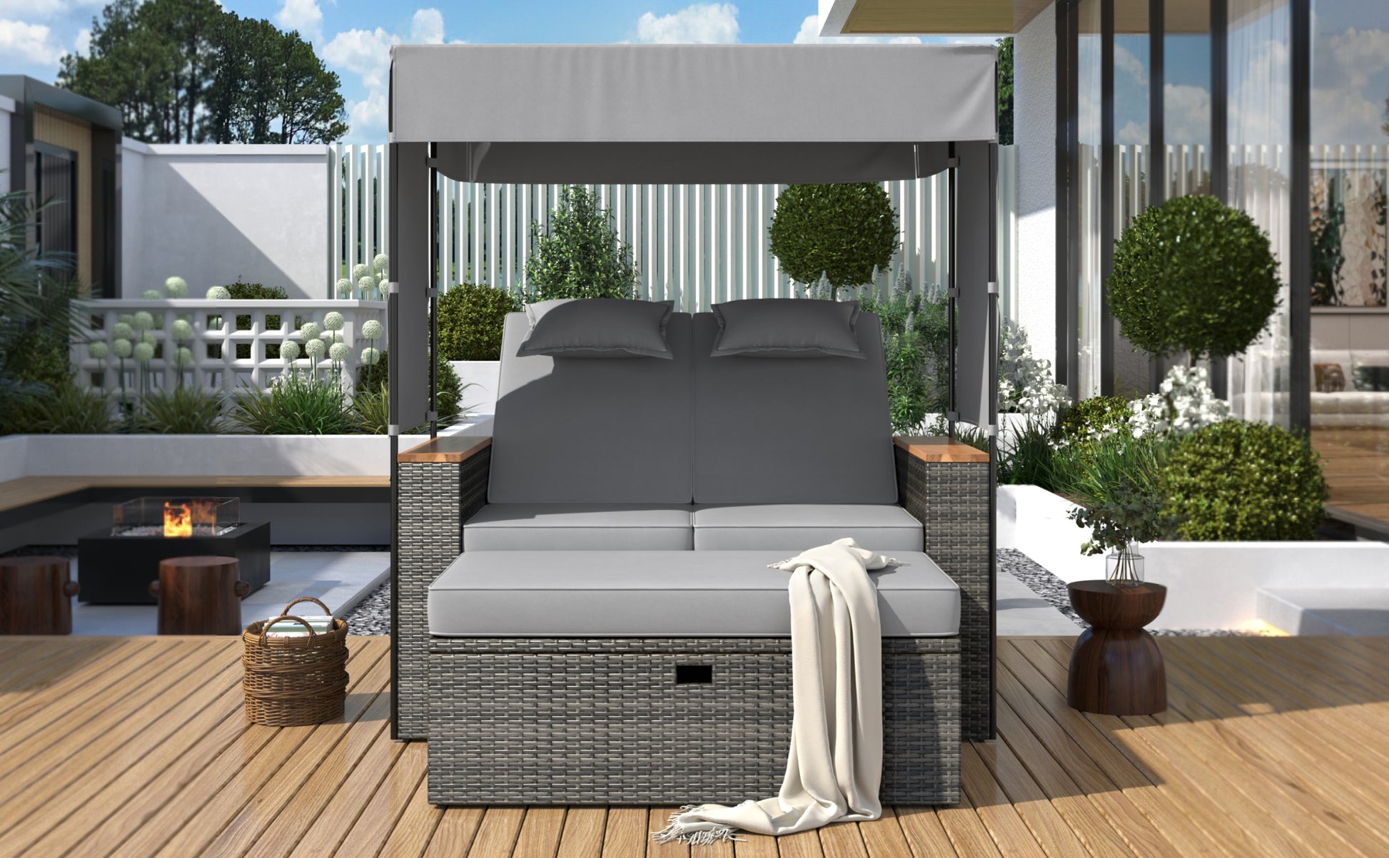 2 Piece Rattan Outdoor Patio Bench Lounge Roof Set, Effective Uv Protection Fabric & Waterproof Cushions And Adjustable Backrest For Garden, Backyard And Porch Grey Wicker Grey Fabric Lounge Grey Garden & Outdoor 2 Person Seating Group Rattan Waterproof