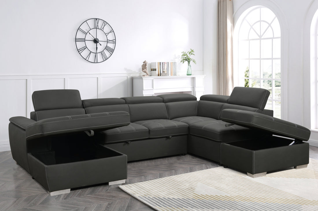 128"Sofa U Shaped Sectional Couch With Ottomans Reversible Modular Sofa 7 Seater Couch With Storage Seat,Living Room Furniture Sofa Sets With Adjustable Headrest, Grey Light Brown Wood Primary Living Space Heavy Duty Eucalyptus 7 Seat Grey Microfiber