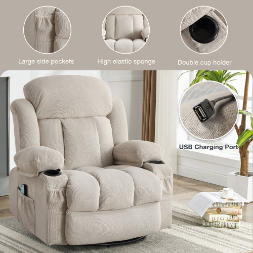 Swinging Recliner Massage Heated Sofa, With Usb And 2 Cup Holders In Side Pockets, Packagea B Beige Beige Velvet Manual Handle Soft Heavy Duty Metal & Wood