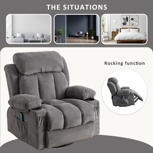 Vanbow.Swinging Recliner Massage Heated Sofa, With Usb And 2 Cup Holders In Side Pockets, Package A And B Gray Velvet Grey Velvet Manual Handle Metal & Wood