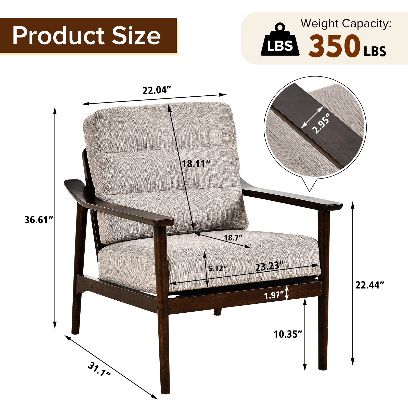 Home Accent Chair Mid Century Modern Chair Upholstered Lounge Arm Chair With Solid Wood Frame & Soft Cushion For Living Room, Bedroom, Belcony, Taupe Taupe Linen
