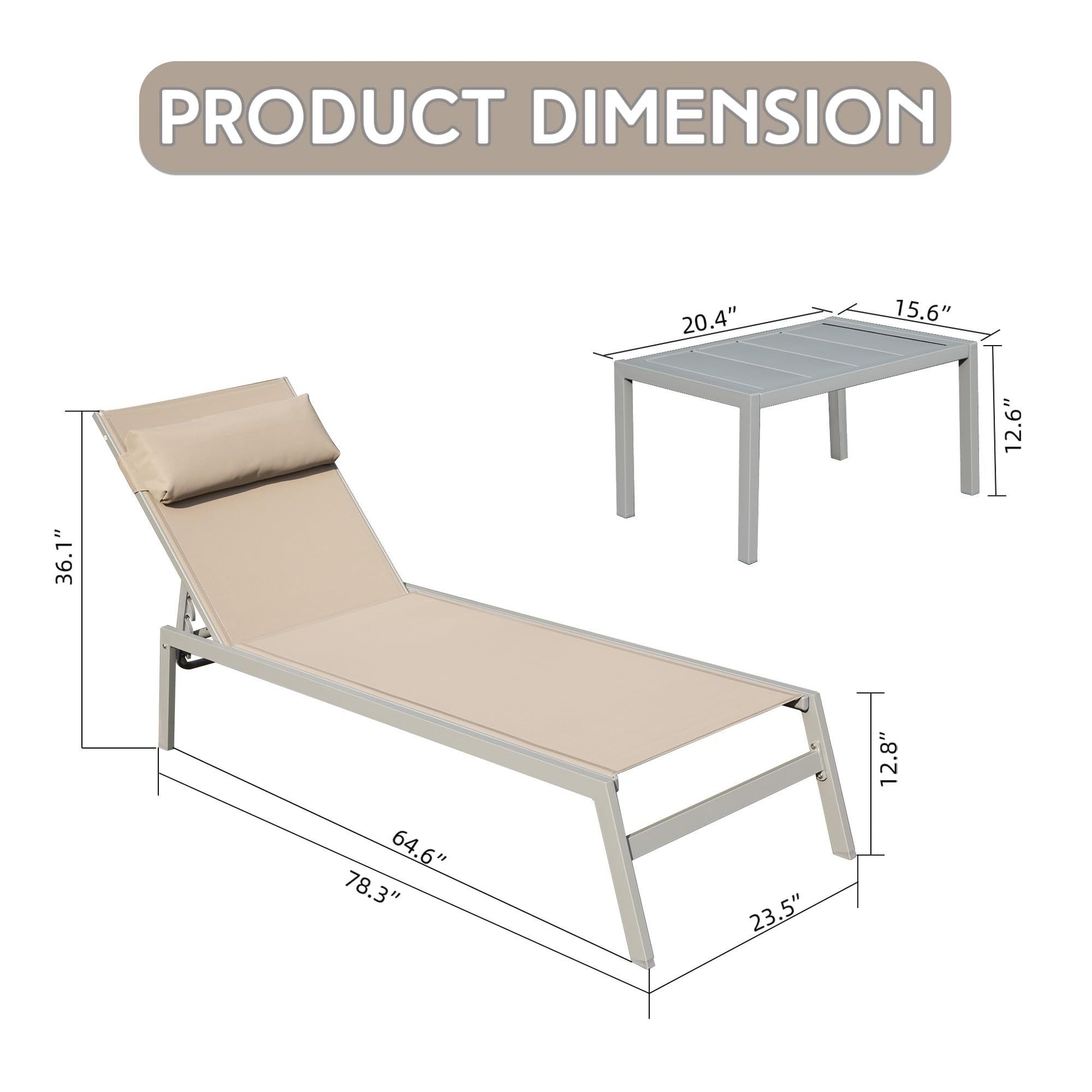 Patio Chaise Lounge Set Of 3, Aluminum Pool Lounge Chairs With Side Table, Outdoor Adjustable Recliner All Weather For Poolside, Beach, Yard, Balcony Khaki Khaki Aluminum