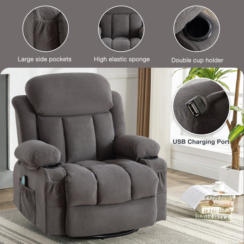 Swinging Recliner Massage Heated Sofa, With Usb And 2 Cup Holders In Side Pockets, Packagea B Grey Grey Velvet Manual Handle Metal Soft Heavy Duty Metal & Wood