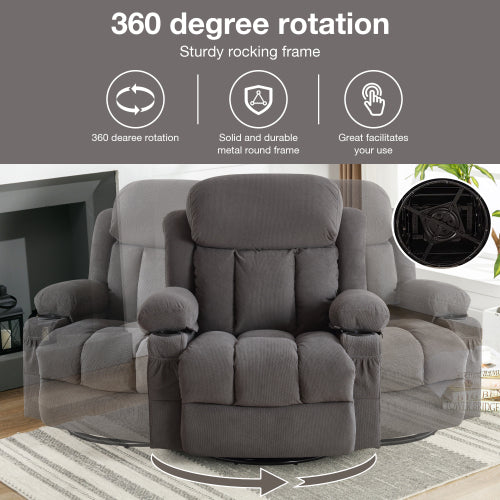 Swinging Recliner Massage Heated Sofa, With Usb And 2 Cup Holders In Side Pockets, Packagea B Grey Grey Velvet Manual Handle Metal Soft Heavy Duty Metal & Wood