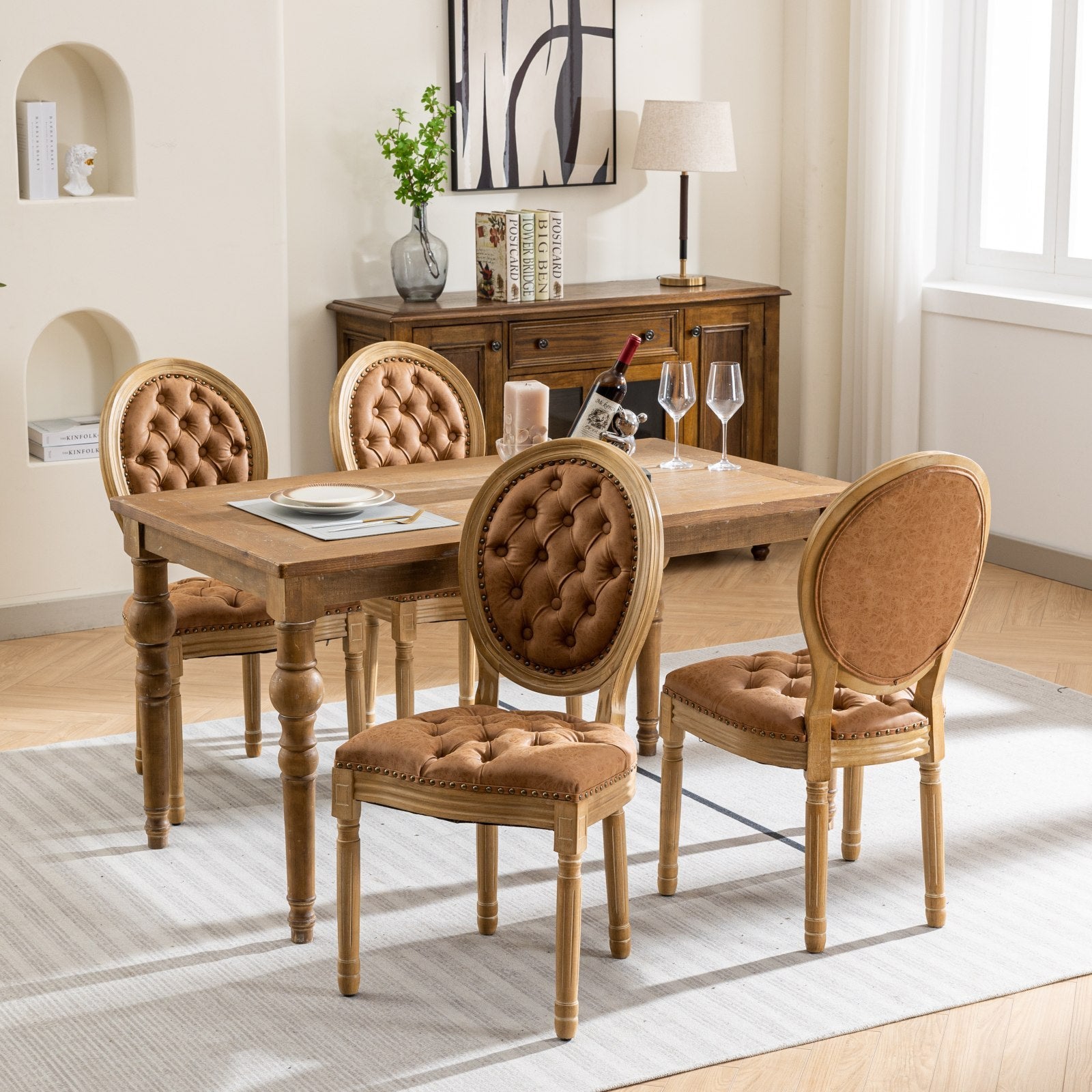 French Style Solid Wood Frame Antique Painting,Hand Pulled Buckle Decoration Pu Artificial Leather Dining Chair With Trim ,Wood Legs,Density Foam,Steel Spring Inner,Set Of 2,Orange,Sw1839Og Orange Dining Room American Design Dining Chairs Rubberwood Set
