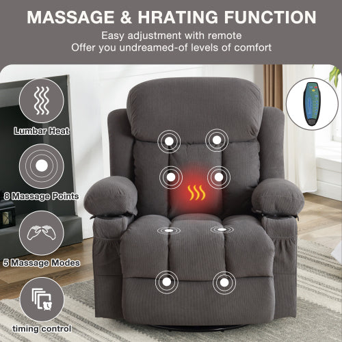 Swinging Recliner Massage Heated Sofa, With Usb And 2 Cup Holders In Side Pockets, Packagea B Grey Grey Velvet Manual Handle Metal Soft Heavy Duty Metal & Wood