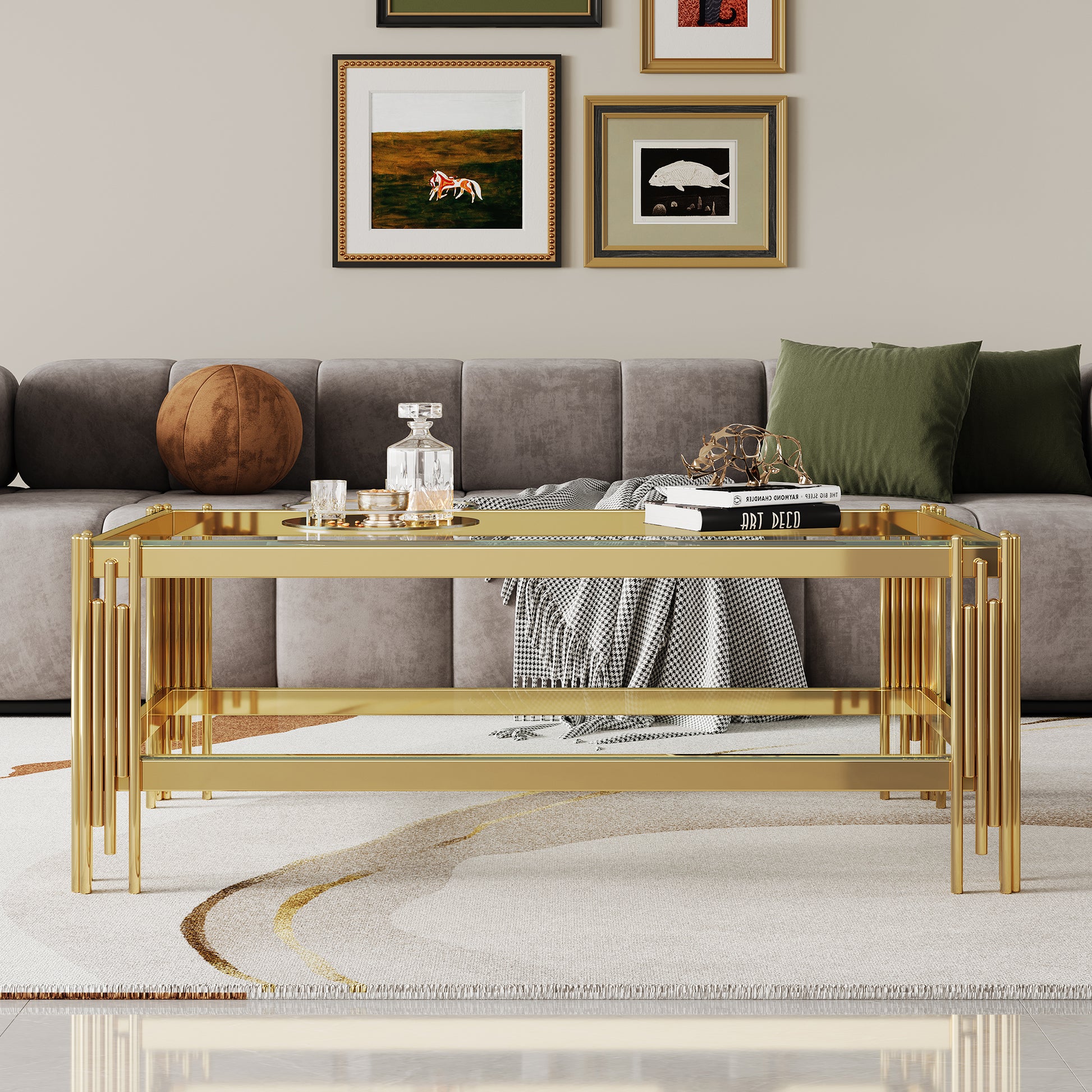 Top And Bottom Double Layer Tempered Glass Coffee Table And Mirror Finished Stainless Steel Frame Gold Tempered Glass