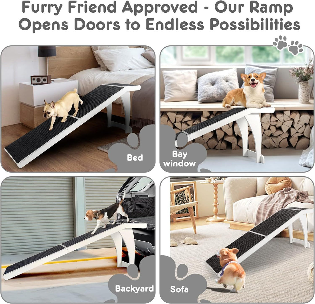 Dog Ramp For High Bed, Pet Bed Ramp, Dog Stairs, Cat Ramp, Dog Steps For Elevated Surface Up To 28", Suitable For Small To Extra Large Dogs 71 Inches White Wood