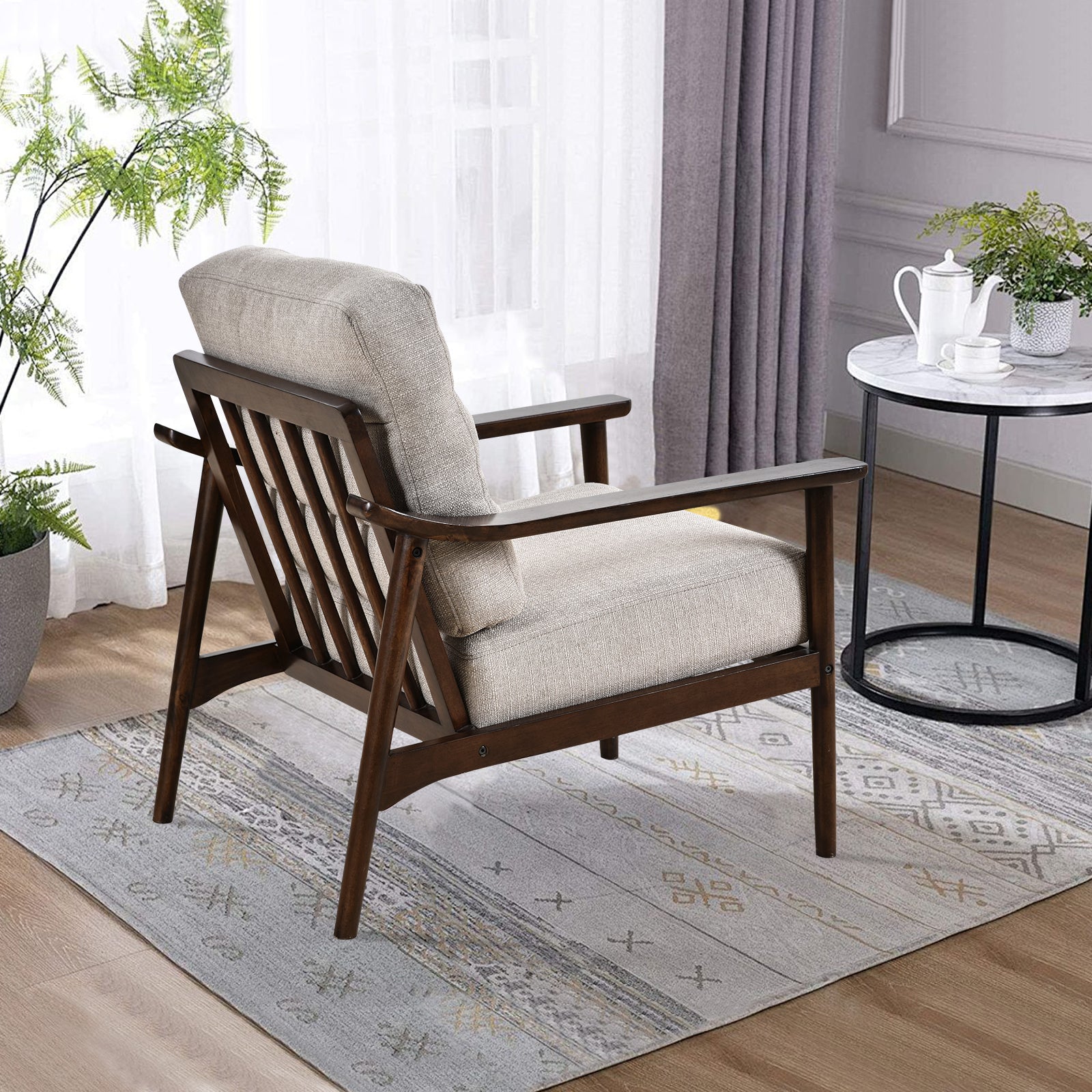 Home Accent Chair Mid Century Modern Chair Upholstered Lounge Arm Chair With Solid Wood Frame & Soft Cushion For Living Room, Bedroom, Belcony, Taupe Taupe Linen