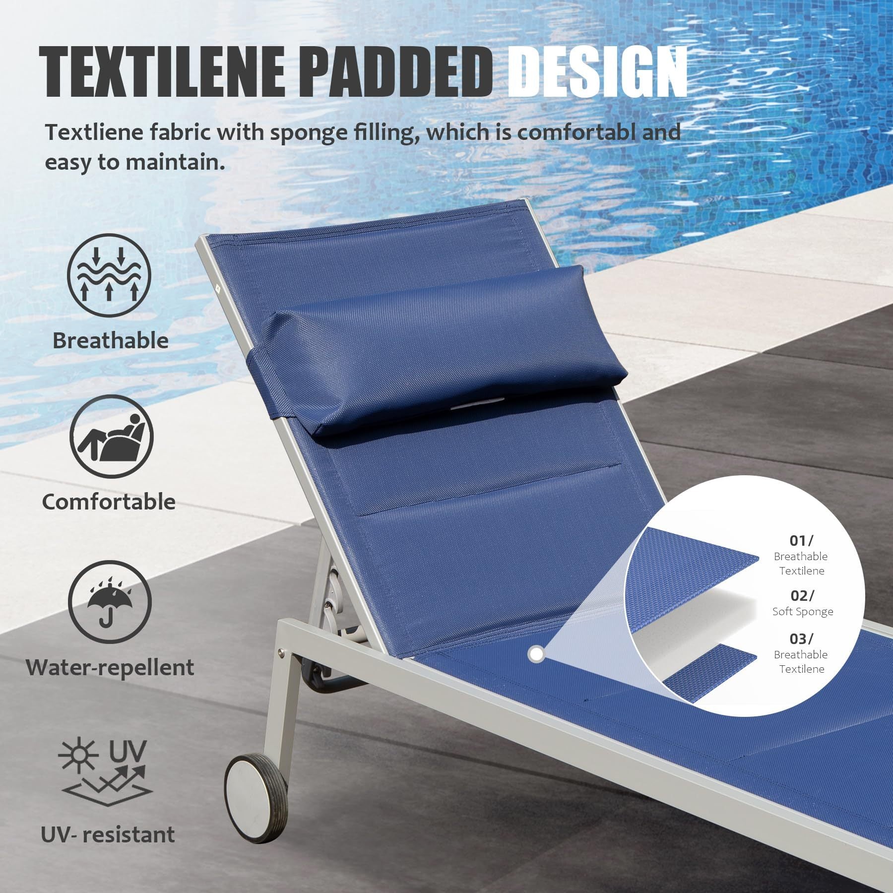 Outdoor Patio Chaise Lounge Set Of 3, Aluminum Pool Lounge Chairs With Side Table And Wheels, Textilene Padded Adjustable Recliner All Weather For Poolside, Beach, Yard, Balcony Navy Blue Navy Blue Aluminum