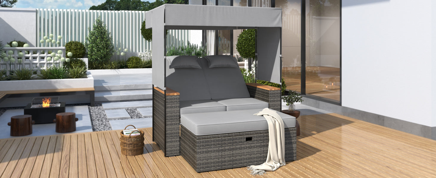 2 Piece Rattan Outdoor Patio Bench Lounge Roof Set, Effective Uv Protection Fabric & Waterproof Cushions And Adjustable Backrest For Garden, Backyard And Porch Grey Wicker Grey Fabric Lounge Grey Garden & Outdoor 2 Person Seating Group Rattan Waterproof