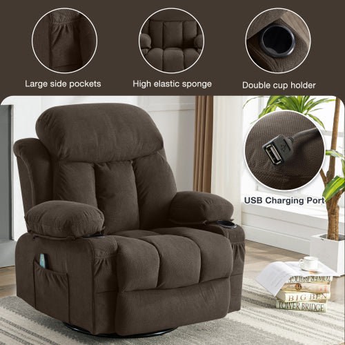 Swinging Recliner Massage Heated Sofa, With Usb And 2 Cup Holders In Side Pockets, Packagea B Brown Brown Manual Handle Wood Soft Heavy Duty Metal & Wood