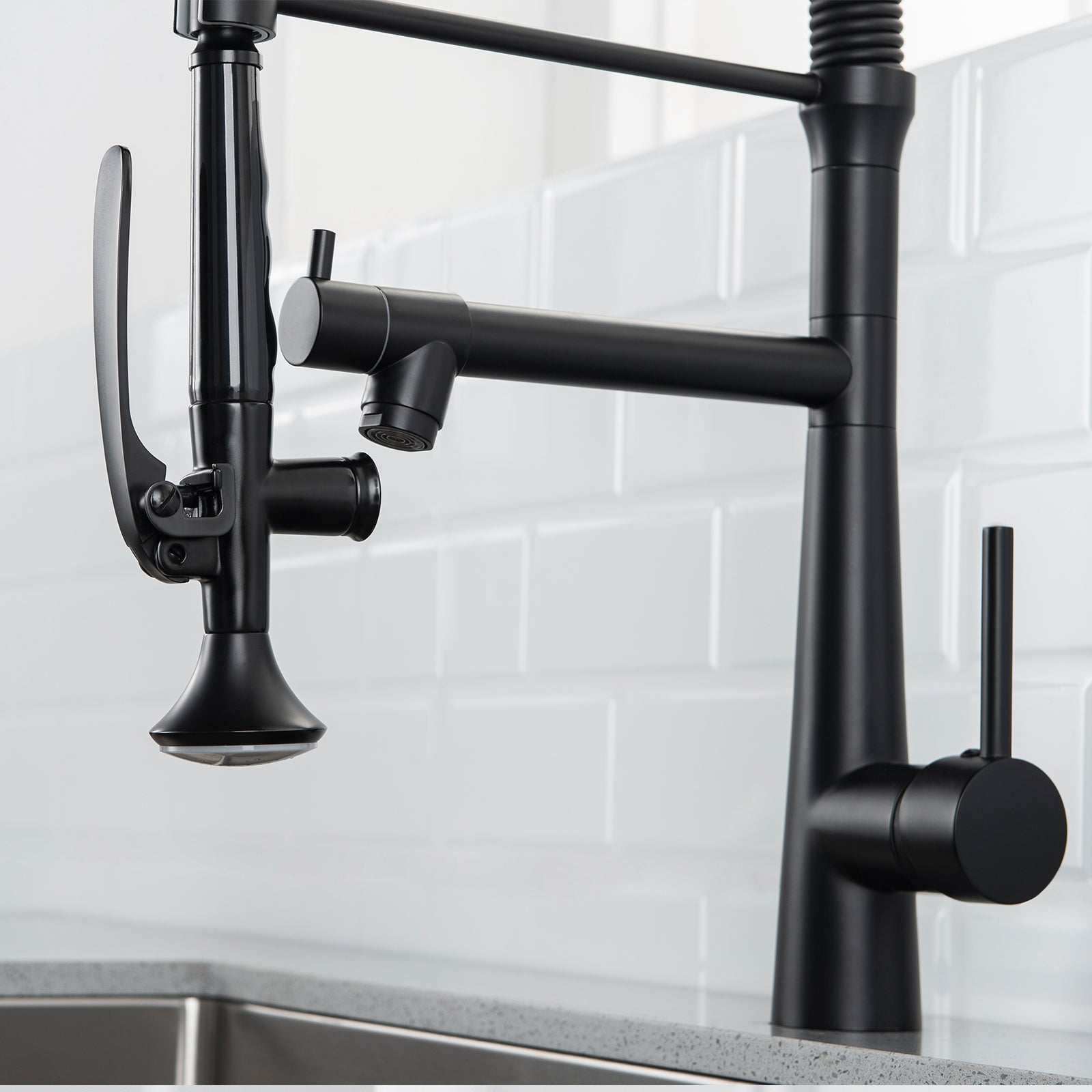 Heavy Duty Commercial Style Kitchen Sink Faucet, Single Handle Pre Rinse Spring Sprayer Kitchen Faucets, High Arc Pull Down Matte Black Kitchen Faucet Black Kitchen Contemporary Ceramic Brass