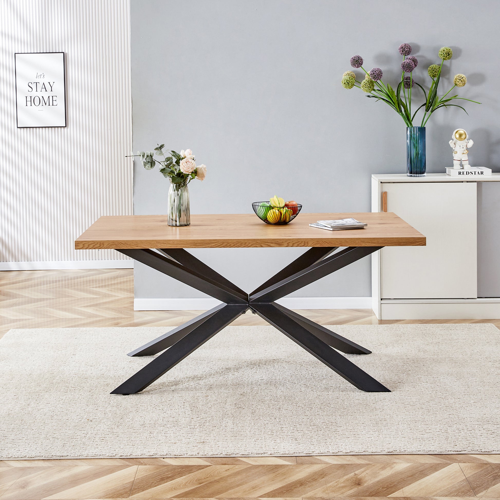 63 Inch, Rectangle Dining Table Set For 4 6 People, Oak Wood Effect, Ideal For Kitchen, Dining, Living, Meeting, Banquet Oak Dining Room Modern Rectangular Kitchen & Dining Tables Mdf Steel