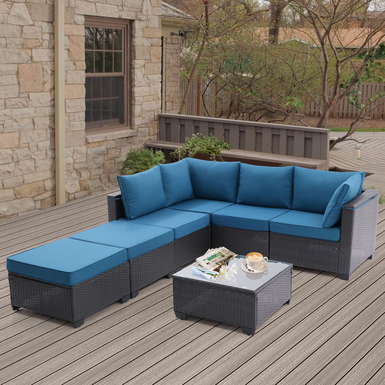 7 Pieces Outdoor Patio Furniture Set,Sectional Conversation Sofa Of Corner Chairs,Ottomans And Glass Top Table,All Weather Pe Rattan And Steel Frame With Removable Cushions Coffee Peacock Blue Yes Peacock Blue Pe Rattan Iron Waterproof Fabric